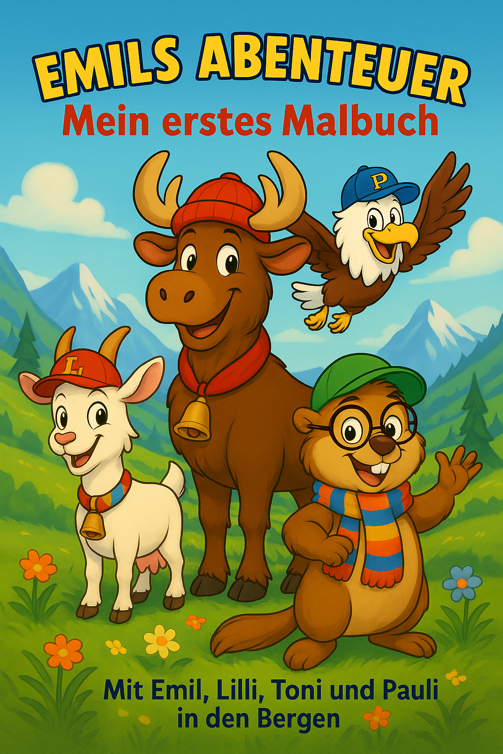 Cover von Emils Abenteuer – Mein erstes Malbuch mit Emil, Lilli, Toni und Paul in den Bergen – Malbuch mit großen Motiven für Kinder ab 3 Jahren.