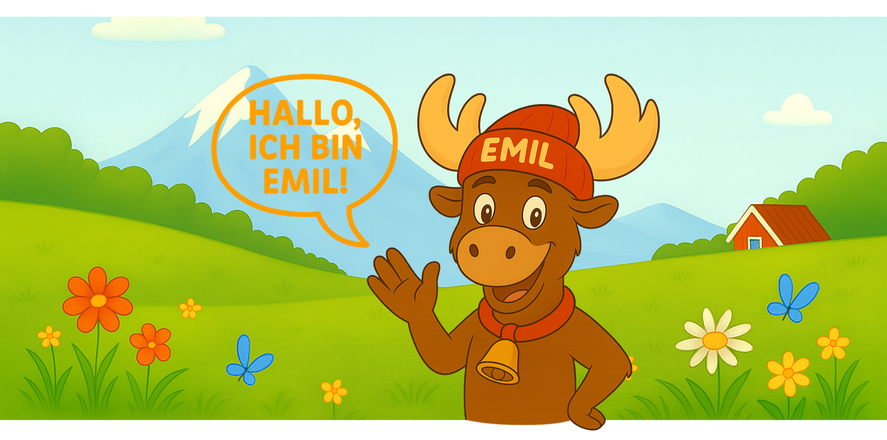 Emil der Elch mit Mütze und Kuhglocke begrüßt Kinder in den Alpen – Figur aus dem Kinderbuch über seine Reise von Schweden nach Österreich.