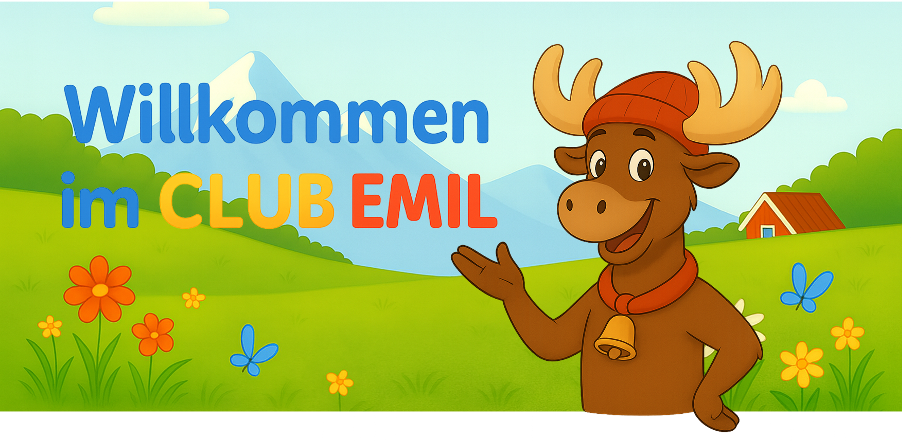 Emil der Elch begrüßt neue Mitglieder im Club Emil – Vorteilsprogramm mit Geschichten und Aktionen rund um seine Reise von Schweden in die Alpen.