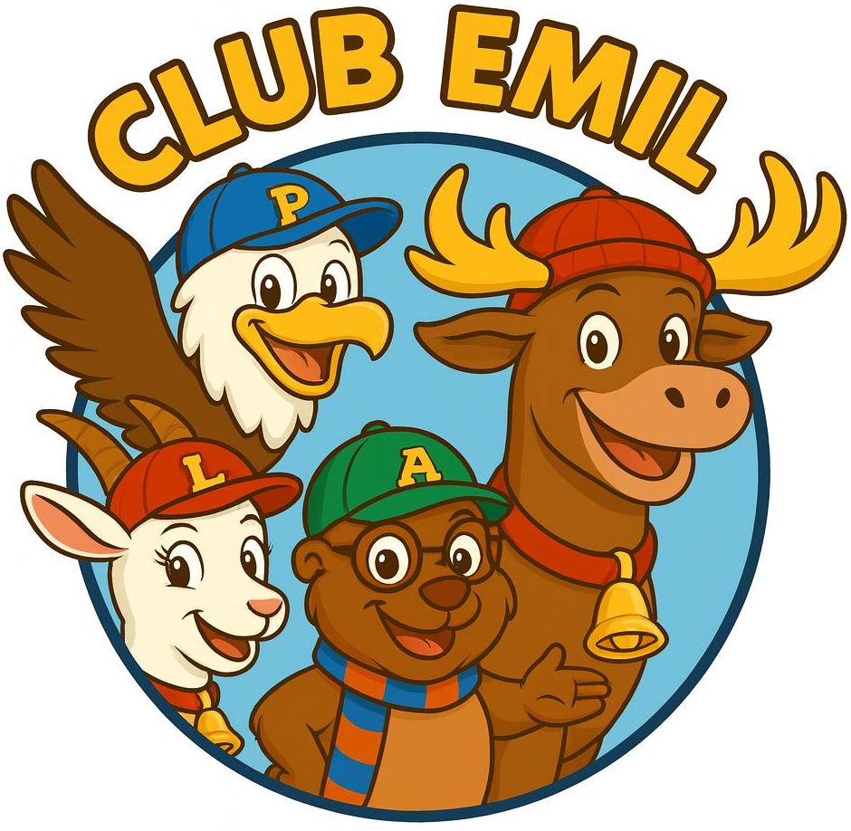 Logo des Club Emil mit Emil dem Elch und seinen Freunden – Maskottchen aus den Kinderbüchern über Freundschaft, Abenteuer und Werte.