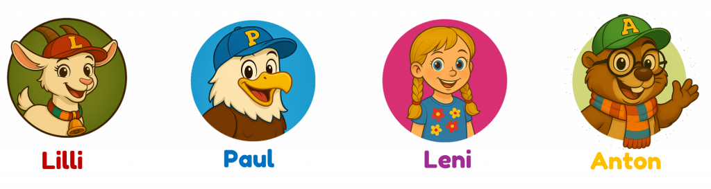 Emils Freunde Lilli, Paul, Leni und Anton – Figuren aus den Kinderbüchern über Emil den Elch und den Club Emil, die Abenteuer, Mut und Freundschaft vermitteln.